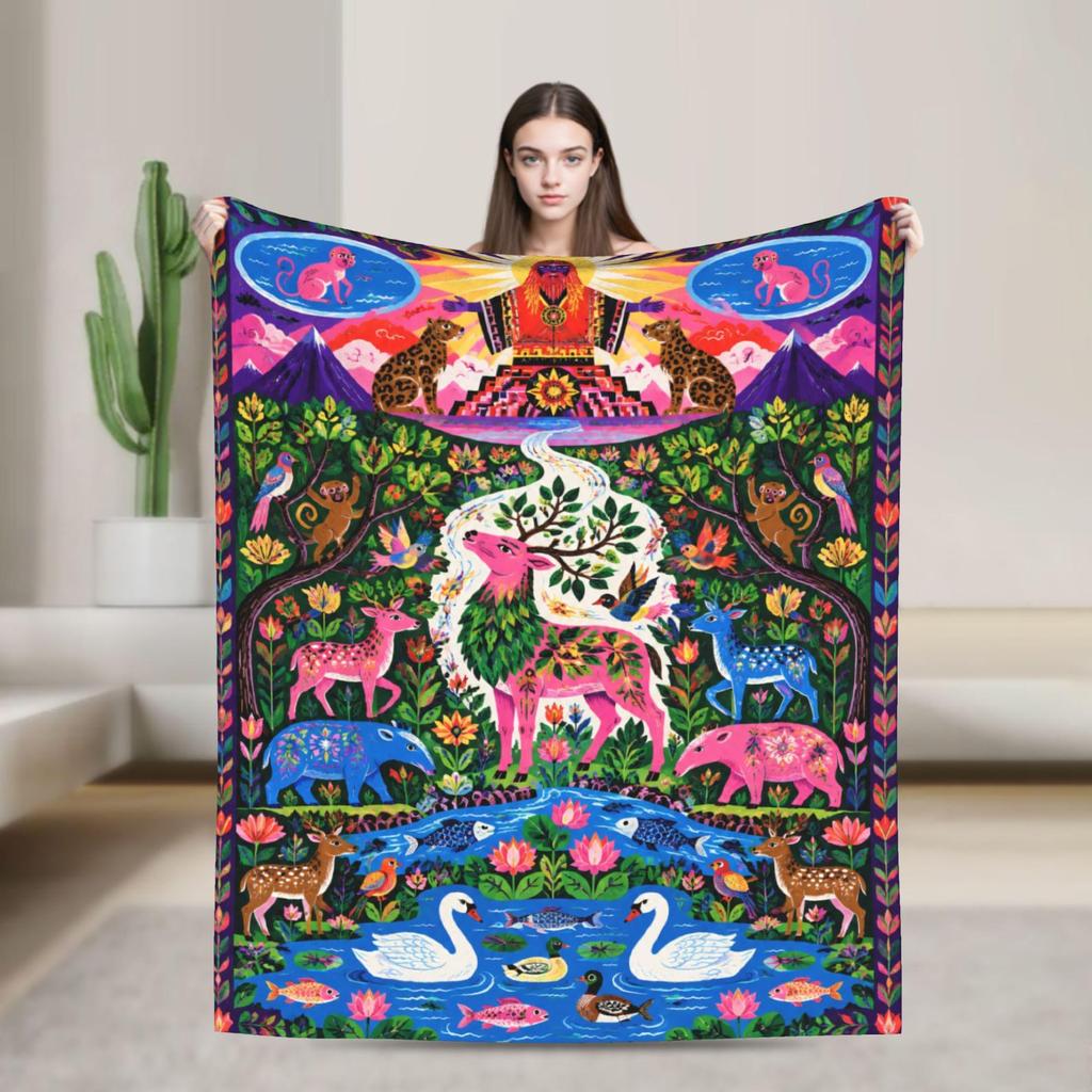 Colorful Folk Art Flannel Throw Blanket, Magical Jungle Animals, Boho Forest Decor