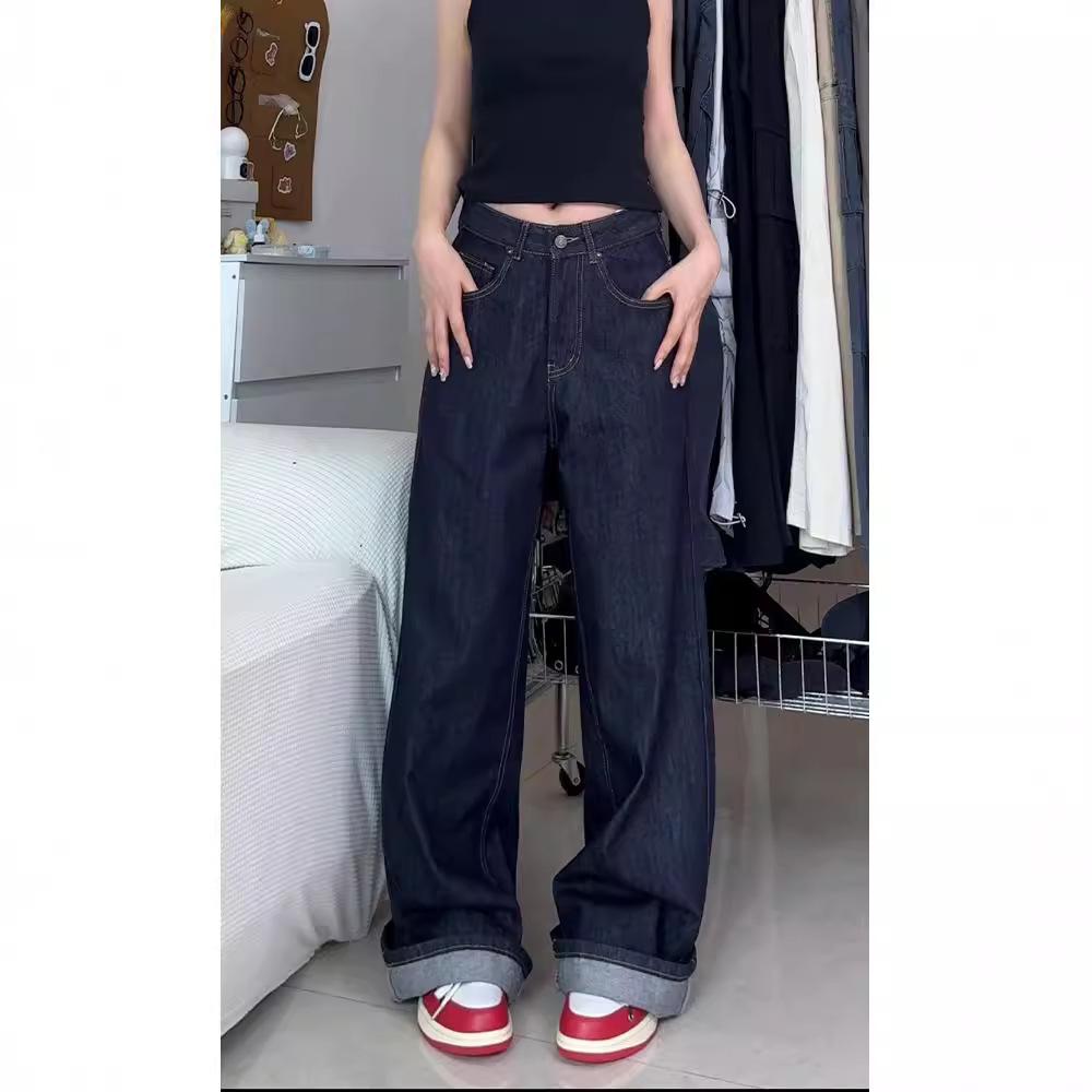Women’s Plus Size Retro Dark Blue Wide-Leg High Waist Jeans for Autumn