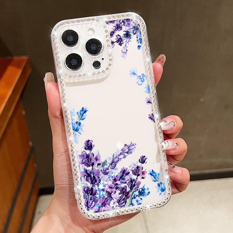 Flower Pattern Clear Soft Silicone Case For iPhone 16E 16 Pro Max 15 Pro 14 13 12 11 Diamond Frame Shockproof Transparent Phone Cover