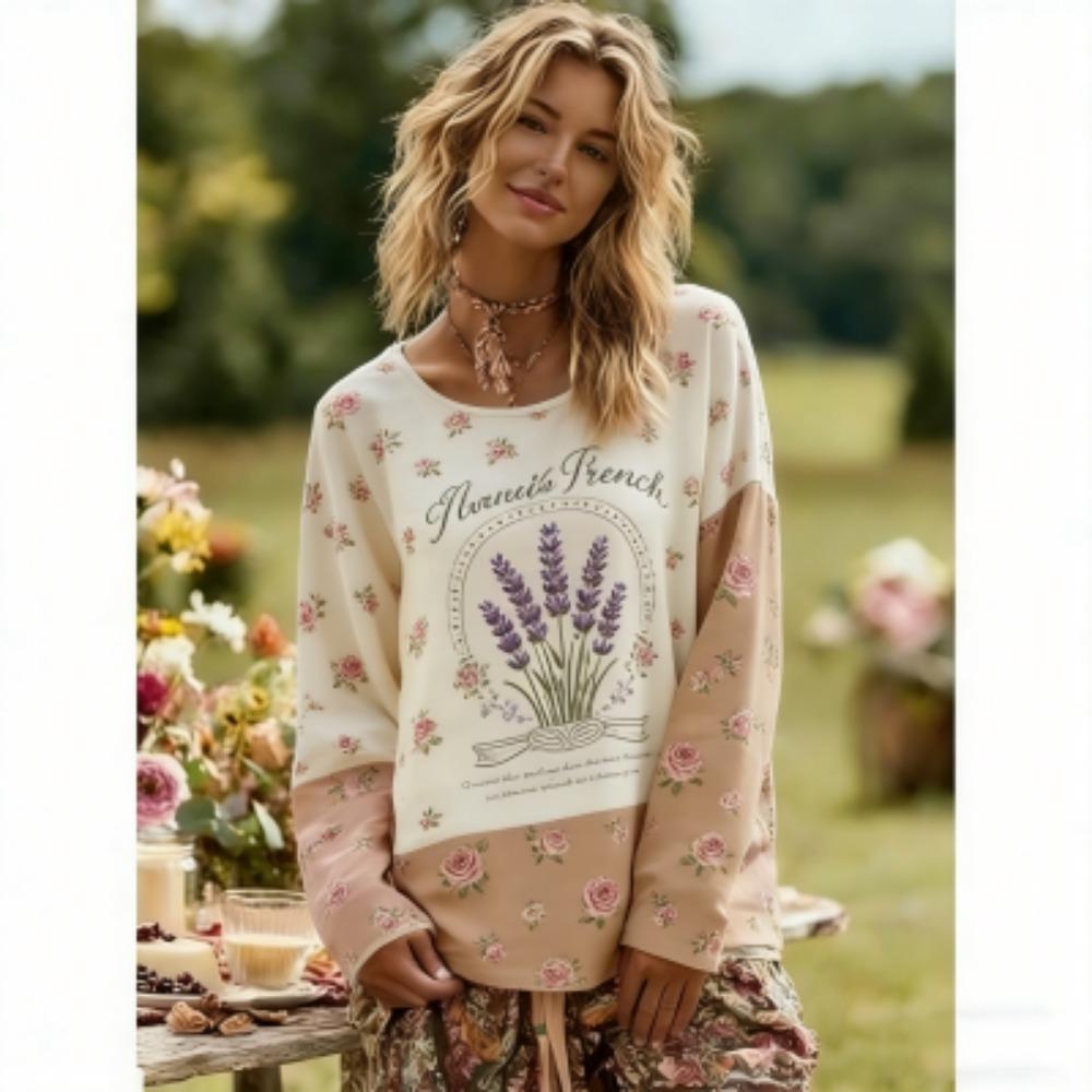 Spring Europe America Rose Flower Print Women's Tees Tops Fashion Street Women Long Sleeve Clothing Outdoor Casual T-shirt Pullover