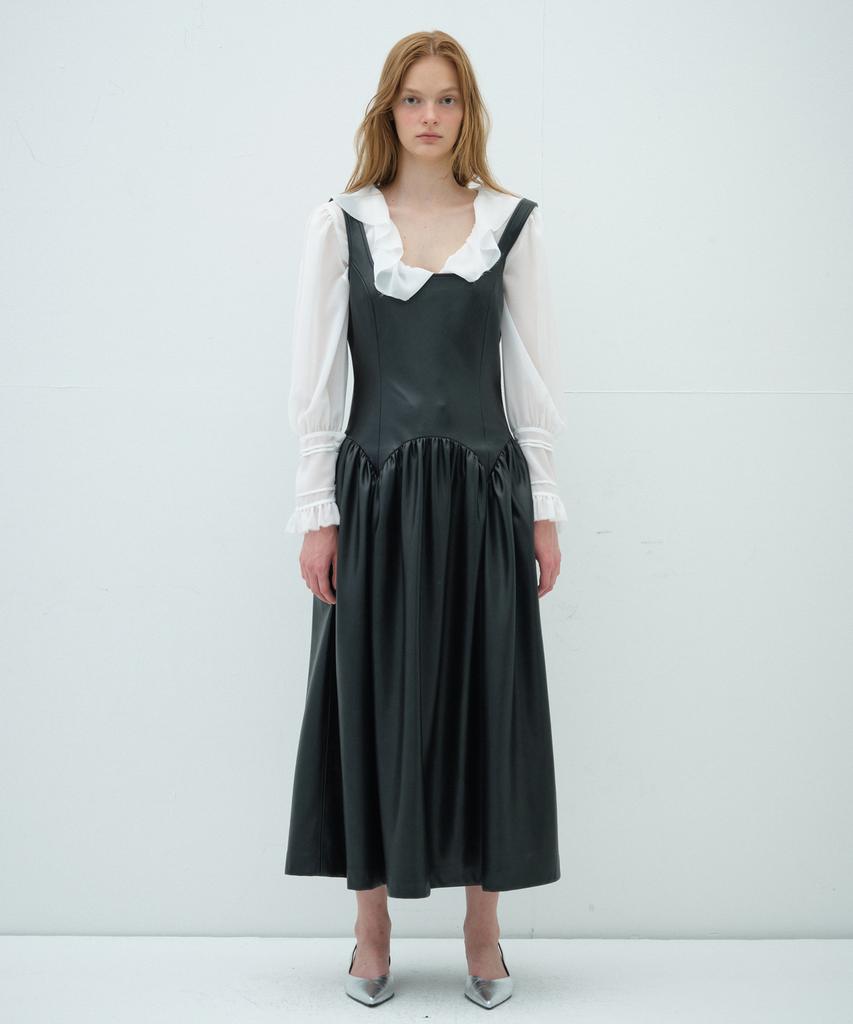 Obeodyupeulleeo Square Neck Leather Long Dress_Black