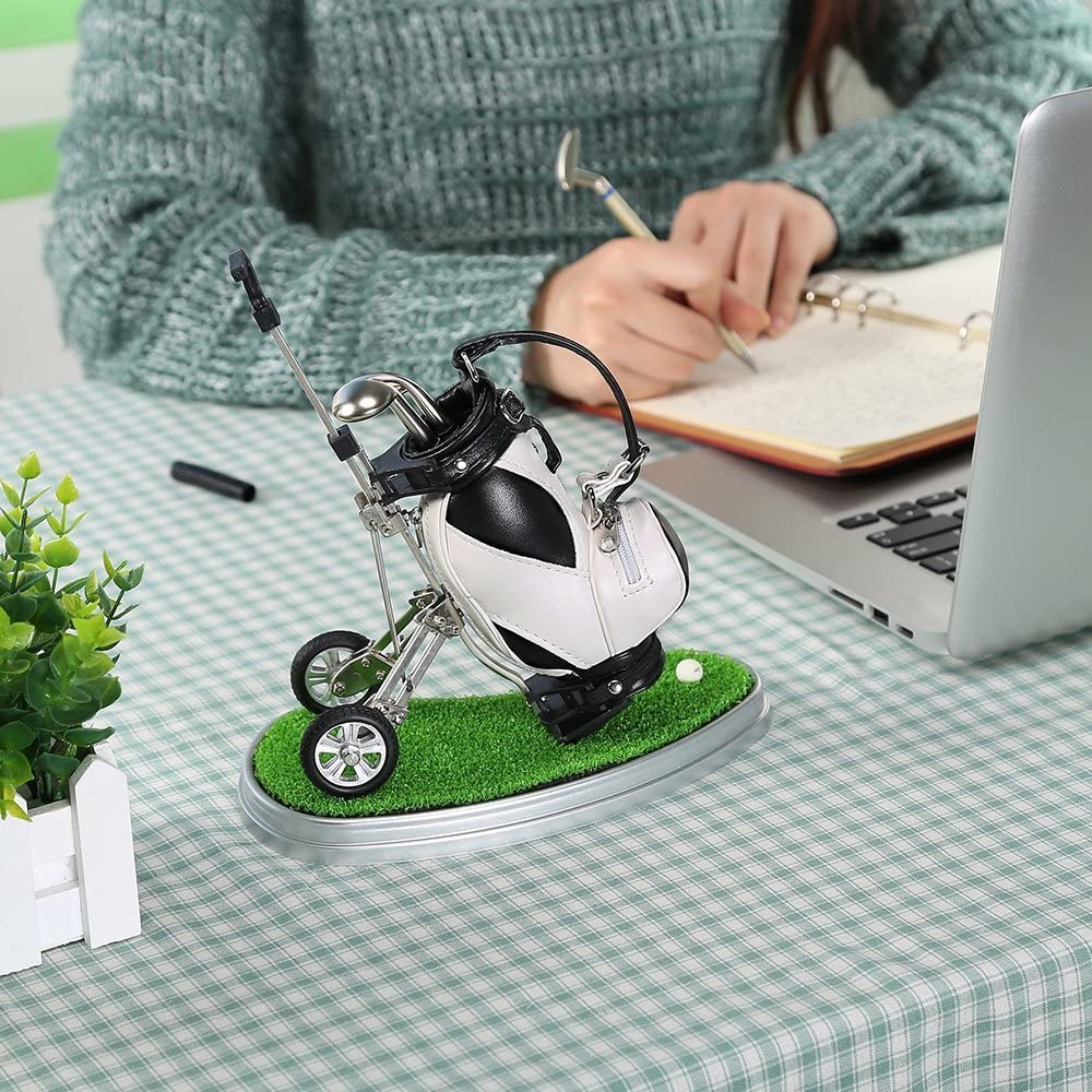 Golf Pen Holder for 3 Golf Golf Golf Tabletop Includes Mini PU Golf Bag White with Pen, Pens, Prize, Souvenir, Gift, Stand, (Black + Grass)