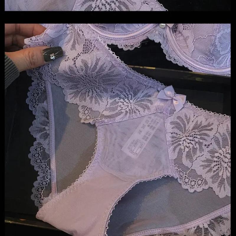 Ladies Summer Violet Lingerie French Thin Cup Push Up Bra Set Sexy Lace Flowers Embroidery Women Underwear Bra Briefs Set