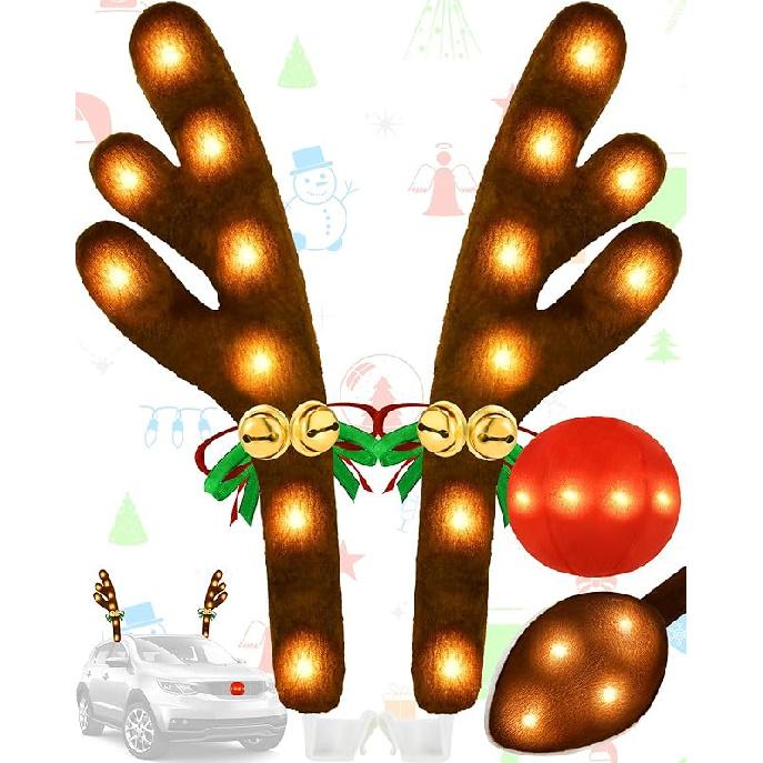 Christmas Reindeer Antlers Car Decoration Kit, LED Multicolor Lights Nose Vehicle With Jingle Bells Rudolph, Auto Holiday Accessories For SUV Van