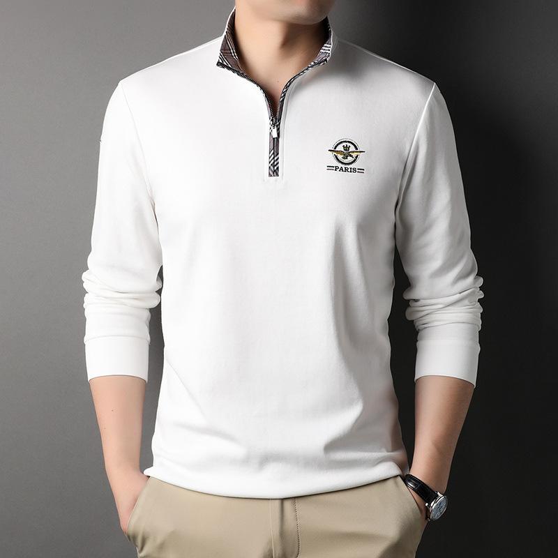Spring New Men's Long-sleeved T-shirt, Fashionable and Casual Solid Color Stand Collar Cotton Long-sleeved T-shirt