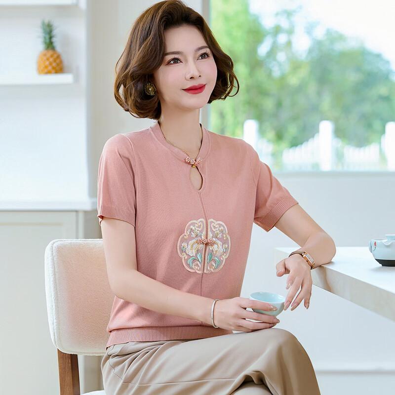 New Chinese Style Embroidered Ice Silk Short Sleeve T-Shirt for Middle-Aged Women