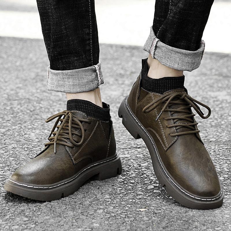 Fashion Outdoor Leather Men Shoes Ankle Boots Autumn Winter Elevator Shoes Non-slip Casual Hiking Travel Shoes Daily Optional Warm Plush
