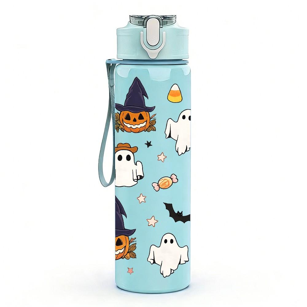 1PC Halloween Witch Ghost Pattern Print 750ml Color Plastic Sports Water Bottle Leakproof Flip Straw Lid Suitable for Sports Office Home Use