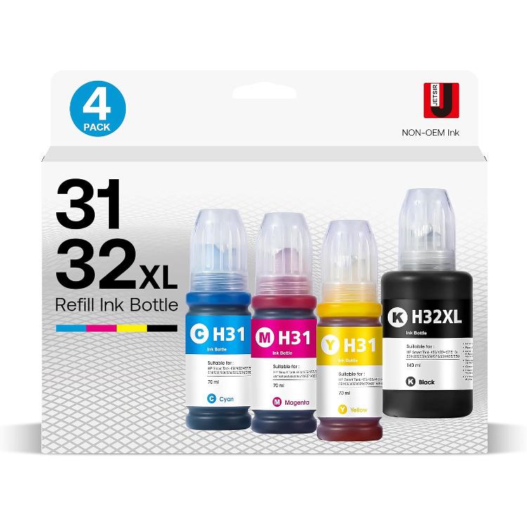 31 32XL Ink Bottle Refill Kit Compatible for HP Smart Tank 5101 7301 7602 7001 6001 Plus 551 651 455 457 450 All-in-One Ink-Tank Printers, 4-Pack