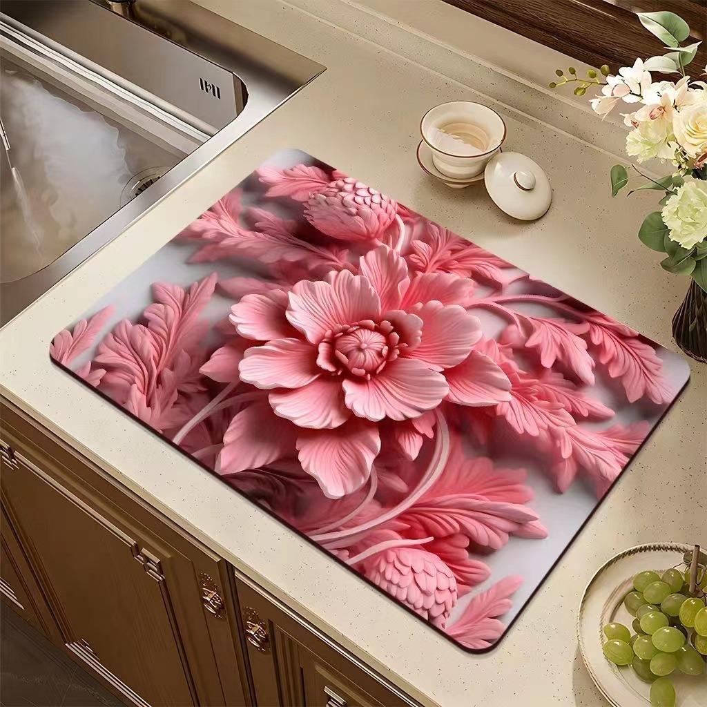 Flower Printed Drain Pad Rectangular Coffee Machine Drying Mat Absorbent Drain Dish Pads Tableware Sink Rugs Placemat