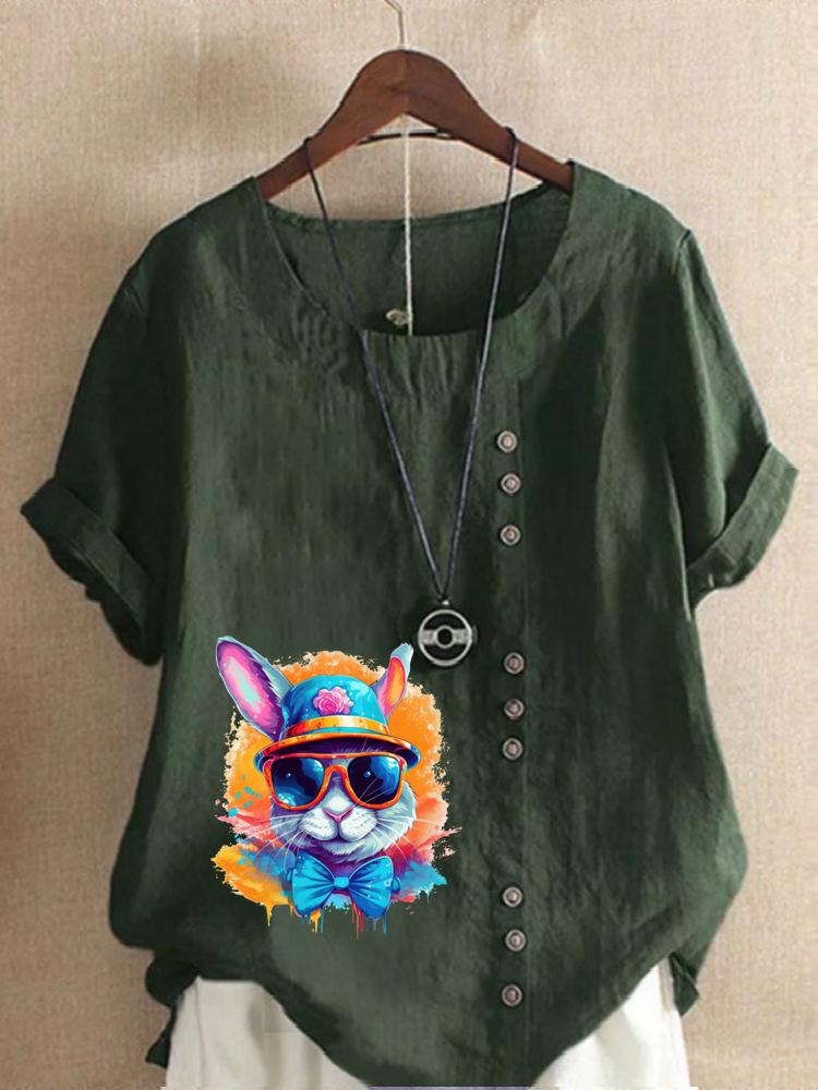Women's Fashion Colorful Rabbit Print Shot Sleeve T-shirt Loose Cotton Shirt Casual Loose Summer Blouse Tops Plus Size