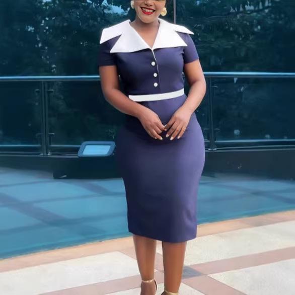 

Plus Size Women s Color Block Lapel Pencil Dress with Waist-Cinched Slimming Fit and Short Sleeves 2XL темно-синий