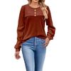 Autumn Winter Round Neck Solid Pullover T-shirt Women Vintage Long Sleeve Buttons All-match Patchwork Tee Top
