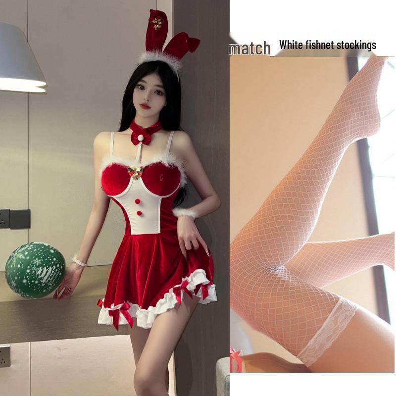 Red Bunny Girl Temptation Dress - Sexy New Year Christmas Lingerie with Removable Battle Robe