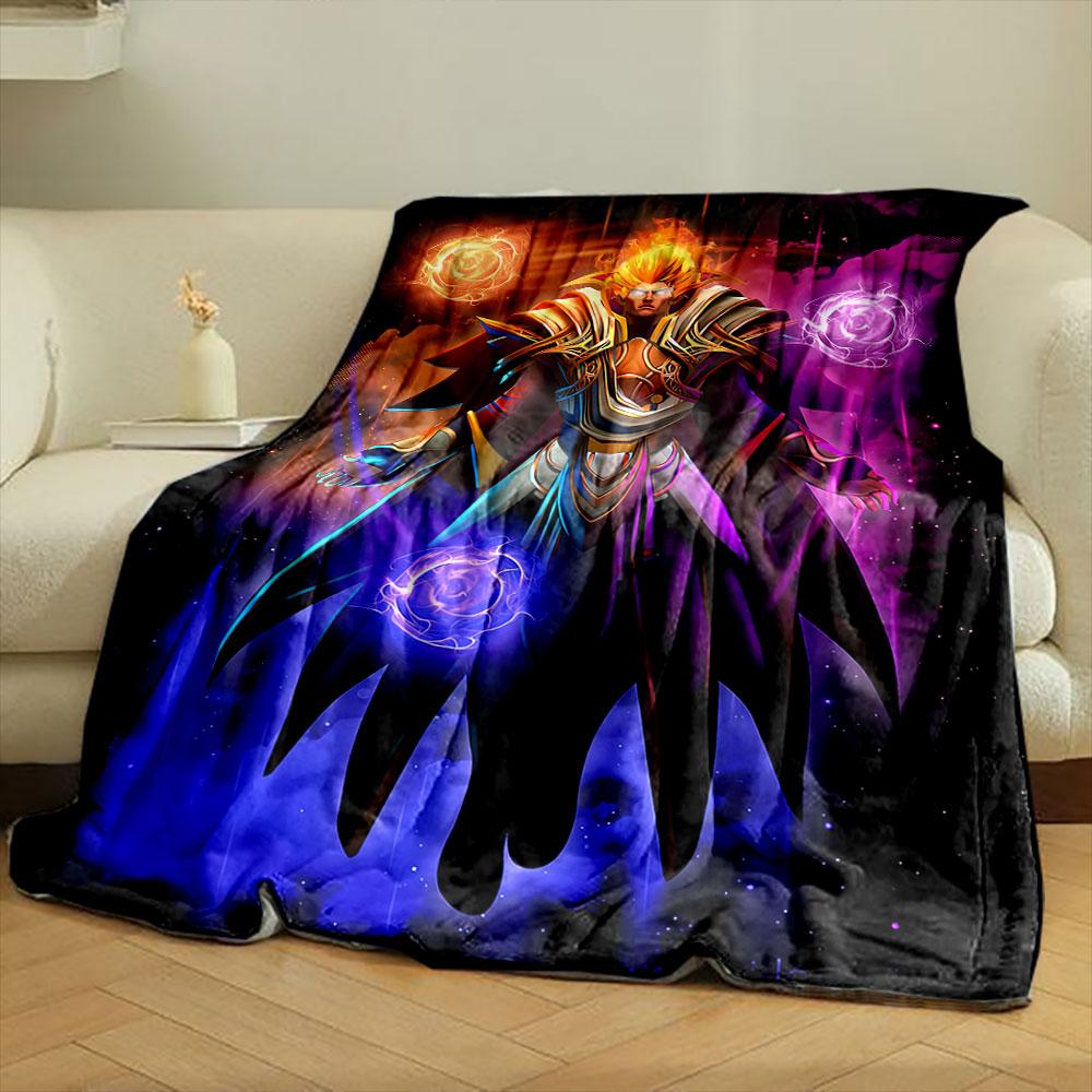 A vibrant figure surrounded by glowing orbs, flames, and radiant armor. for all seasons blanket lunch break throw gift