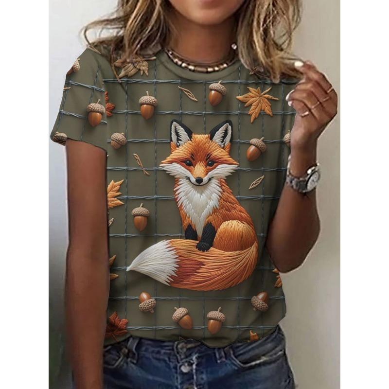 Women's Short-sleeved Round-neck T-shirt with Fox Pattern Print