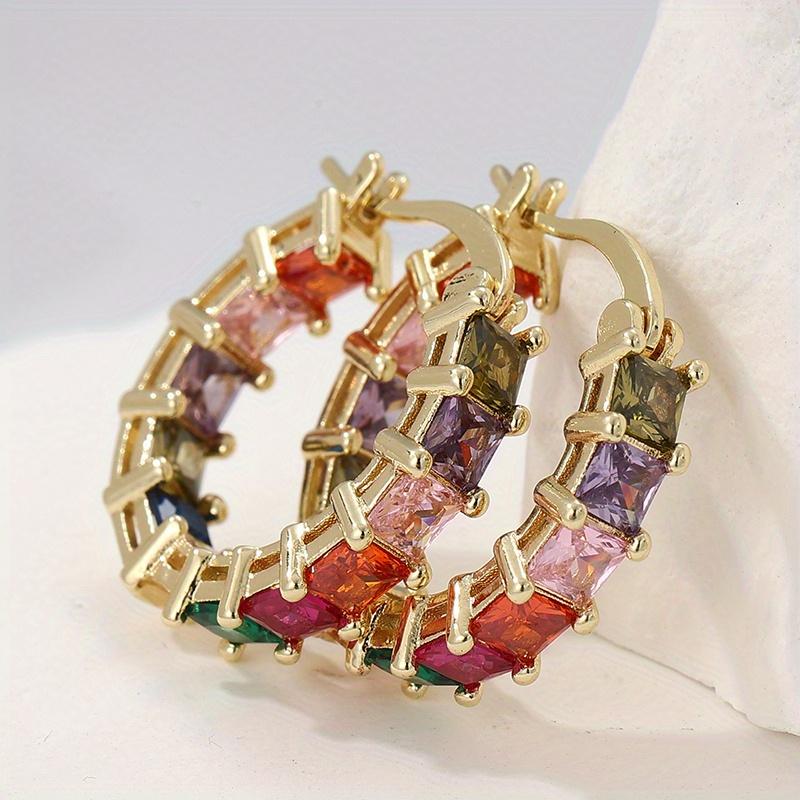 Elegant Colored Synthetic Zirconia Inlaid Golden Plated Hoop Earrings for Women Exquisite Banquet Wedding Jewelry Crafts