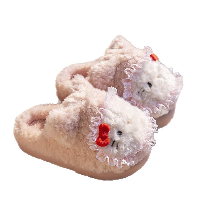 Women’s Cute Cartoon KT Cat Cotton Slippers - Sanrio Furry Plush, Heel-Covered Winter 2025