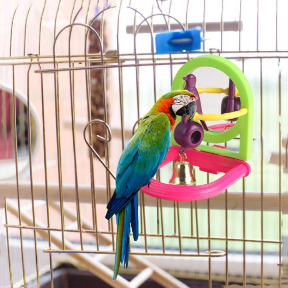 Random Color Parrot Bell Toy with Mirror Removable Hanging Bird Cage Mirror with Bell Plastic Parrot Basketball Toy Parakeet