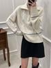 Autumn/Winter 2025 Women's High Neck Wool Cable Knit Sweater - Zipper, White/Gray, Warm Niche Design