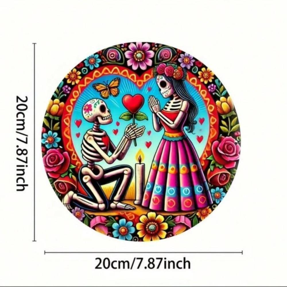 Metal Gothic Skull Couple Wall Art 8x8 Inch Aluminum Ivory Frame Halloween Decor