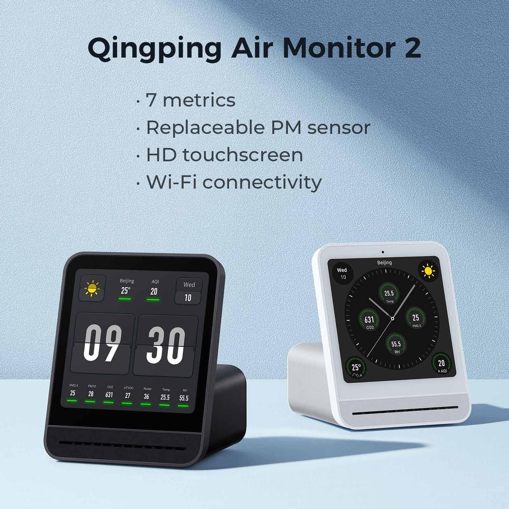 Qingping Air Quality Monitor 2 Indoor Air Quality Meter Measuring the Concentration of Air Pollutants Such As and Humidity Alarm Clock Function Smart