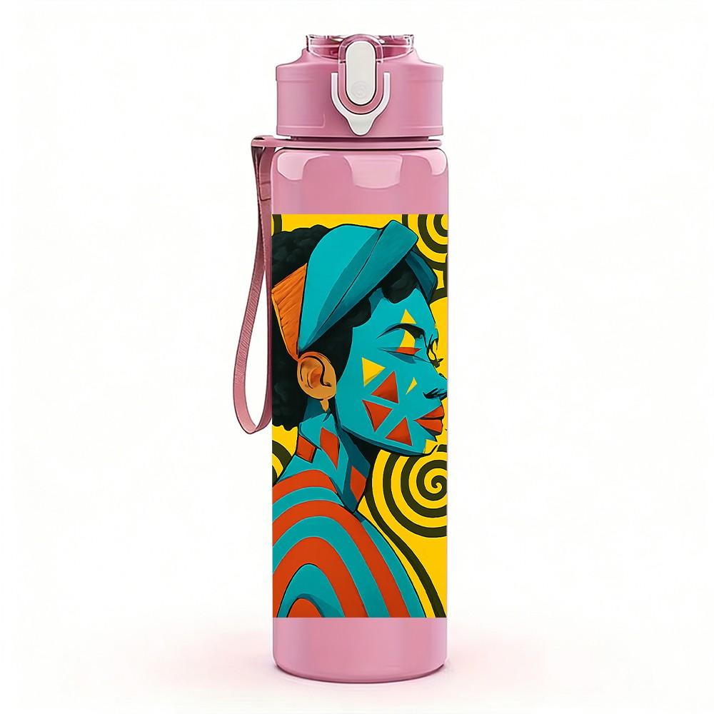 1PC African Face Swirl Color Art 750ml Color Plastic Sports Water Bottle Leakproof Flip Straw Lid Suitable for Sports Office Home Use