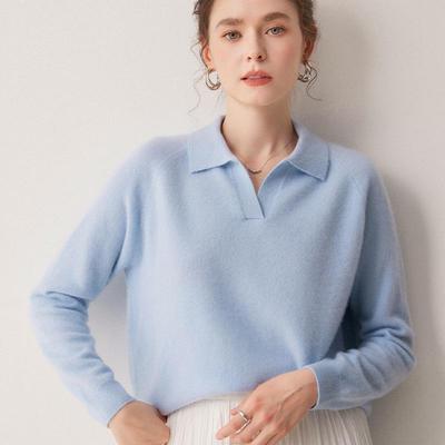 Suéter Feminino com Gola Polo 100% Caxemira - Outono/Inverno 26, Corte Solto, Camada Base Emagrecedora, Estilo Coreano, Quente e Aconchegante