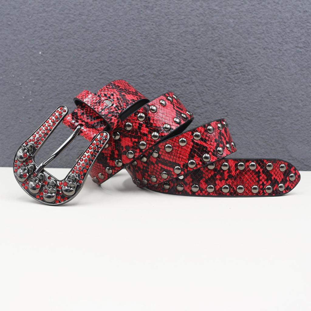 Cintura Unisex Y2K Teschio Strass con Borchie e Decorazioni Effetto Pelle di Serpente