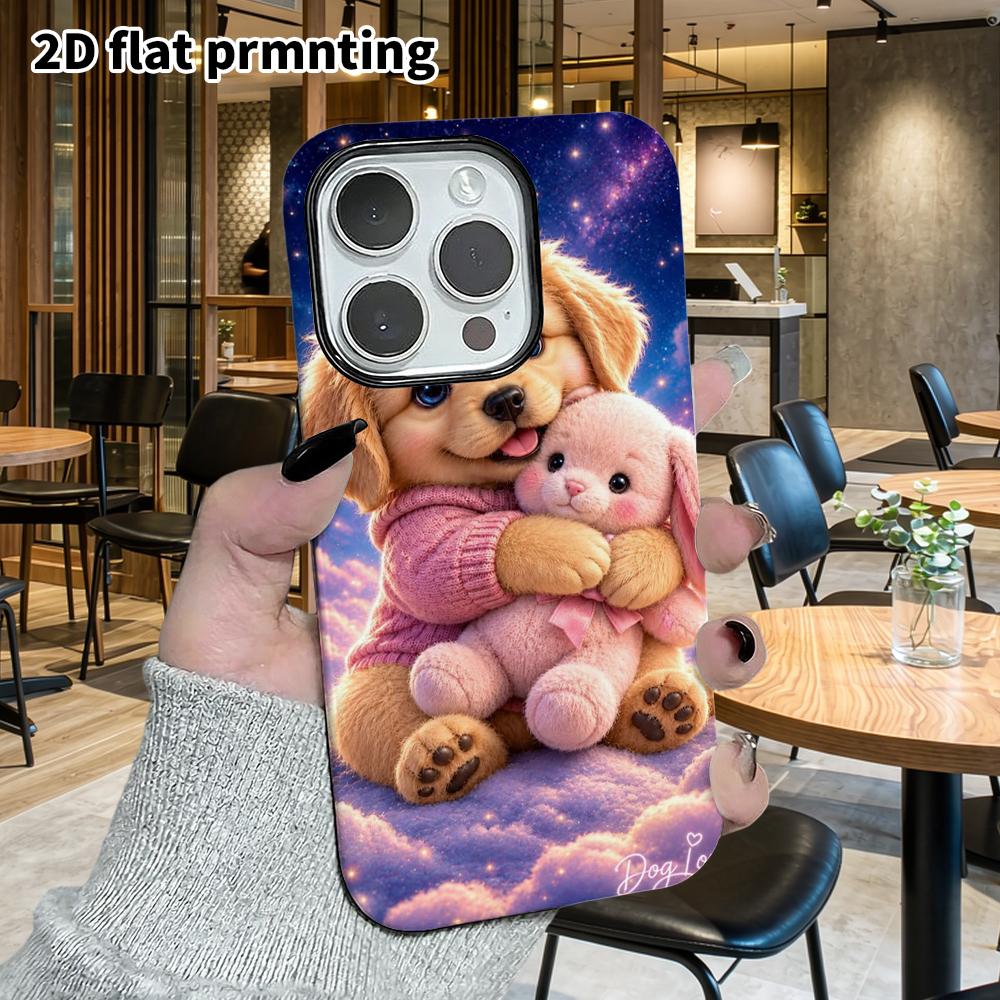 Phone Case: 2D flat design suitable for iPhone 18 17 16 15 14 13 Pro film protective case, couple style, golden retriever hugging a plush toy, Christm