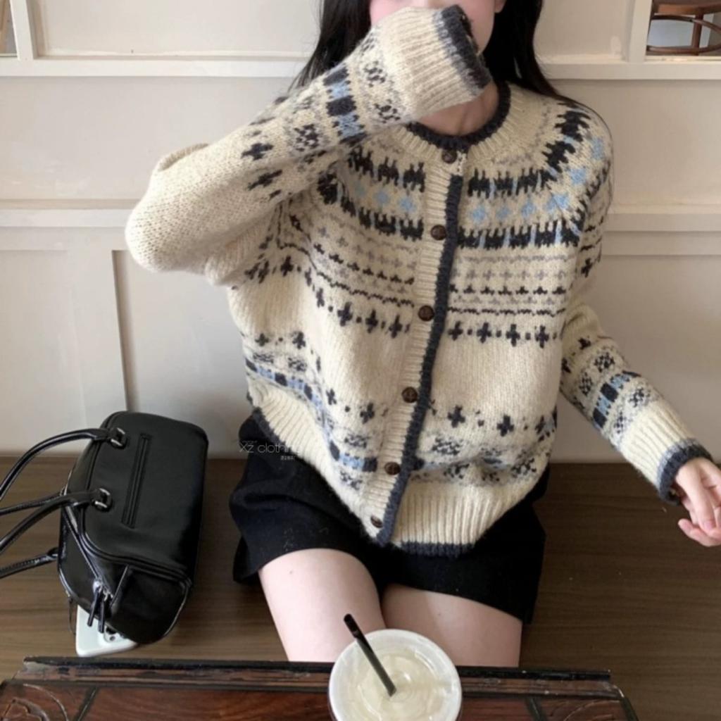 Korean Retro, Spring and Autumn New Style, Round Neck, Jacquard Contrasting Trade, Loose Casual Knitted Cardigan, Women's Sweater