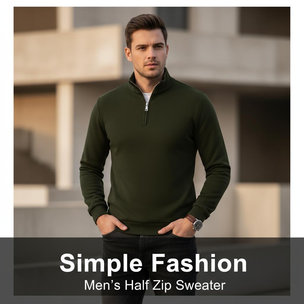 Men's Quarter Zip Pullover Sweater - Solid Color Long Sleeve Casual Top Slim Fit Half Zip Sweatshirt for Autumn & Winter Outwear