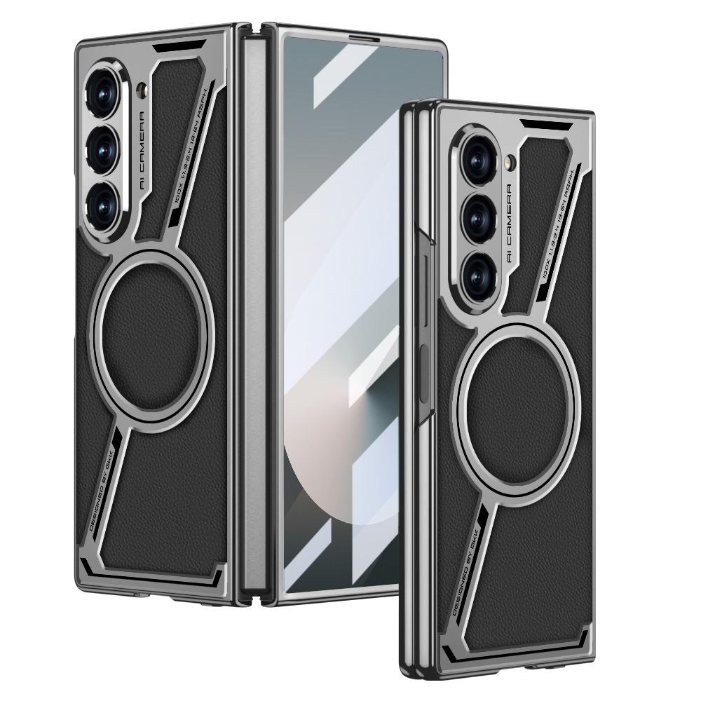 Samsung Fold6 Mobile Phone Case Electroplated Magnetic Wireless Charging Business Model Z Shaped E Sports Plain Leather Protective Case