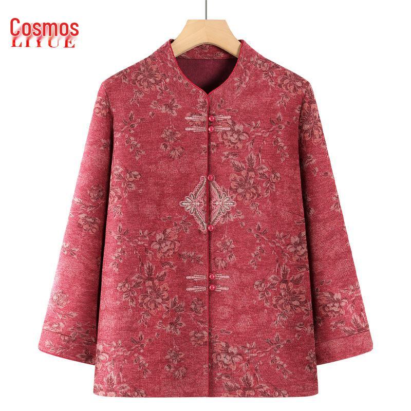 

Блузка с воротником-стойкой и длинным рукавом от бабушки - Весенне-осенний стиль для женщин среднего возраста 4XL (130-145 jin)