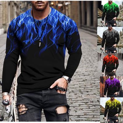 3D Digital Flame Pattern Print Men Long Sleeve Round Neck T Shirt Spring Autumn Men Running Fitness Sport Tops T Shirt