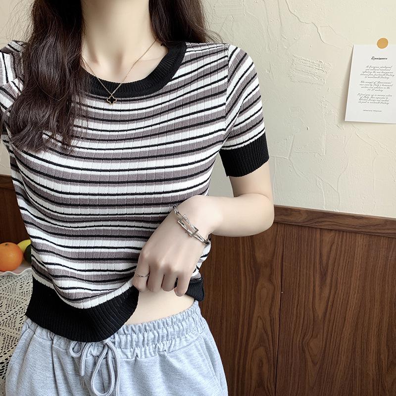 Short-sleeved Knit Sweater Female Summer Striped Knit Round Neck Thin T-shirt Short Paragraph Foreign-style Top Tide Casual Slim Fit Pullovers Tees