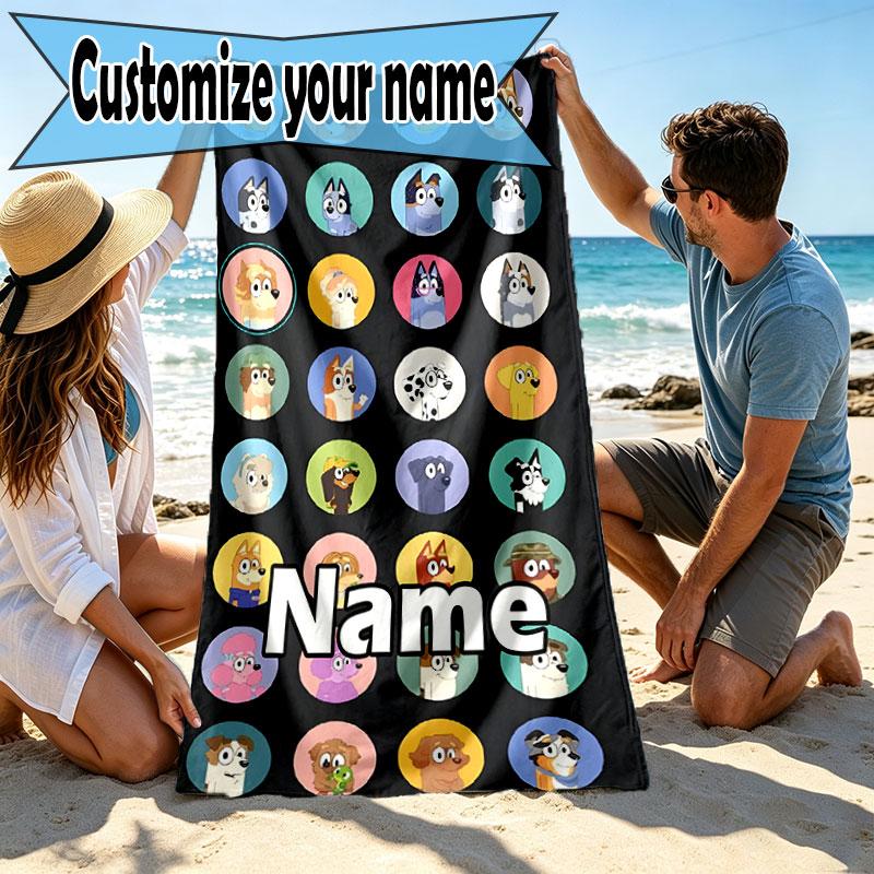 Custom Name Personalized Bluey Print Beach Towel, for Trip Camping Beach Party Home Decor, Birthday Gift for Family & Friends