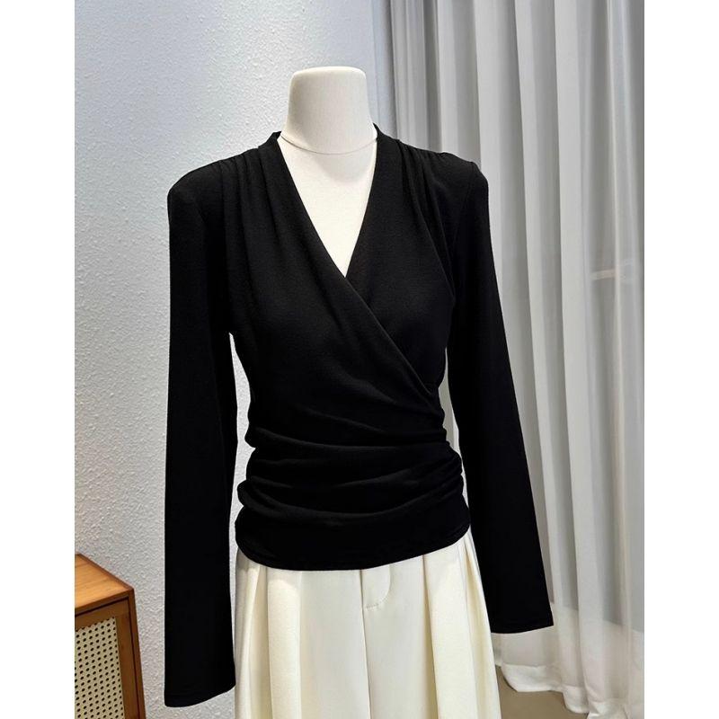 

Популярная женская футболка с V-образным вырезом для весны и осени, с перекрещенной талией, с длинным рукавом, элегантный топ L чёрный