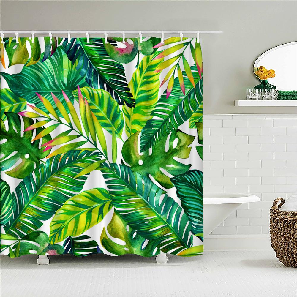 Tropical Plant Green Leaves Shower Curtain Bathroom Curtains With Hooks Monstera Palm Trees Waterproof Fabric Bathtub Decor