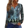 Women's T Shirt Tee HAlloween Print Button Long Sleeve Daily Weekend Fashion Basic V- Neck Regular Top