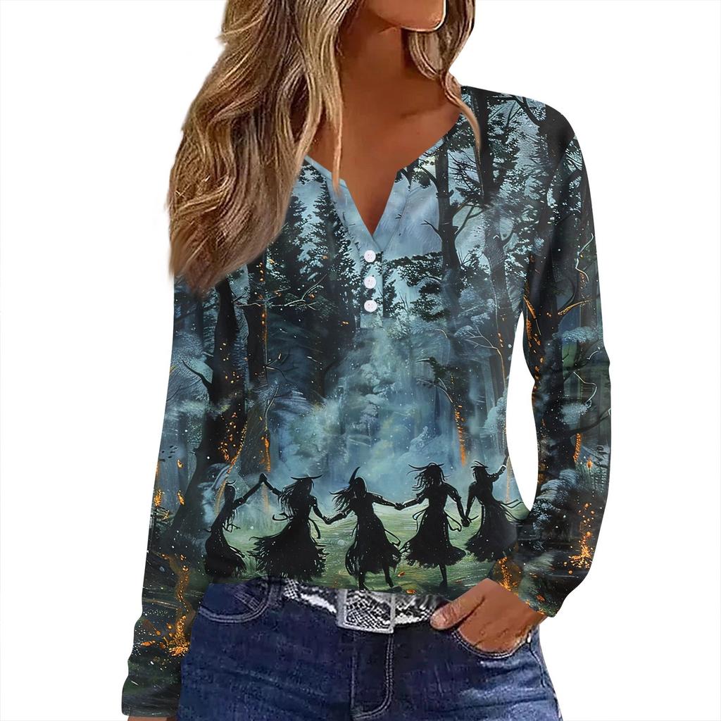 Women's T Shirt Tee HAlloween Print Button Long Sleeve Daily Weekend Fashion Basic V- Neck Regular Top