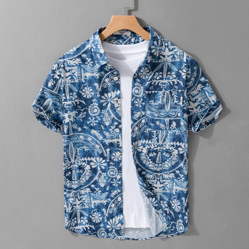 

Модная летняя рубашка с принтом для мужчин с коротким рукавом для пляжа - Повседневная и универсальная Large синий