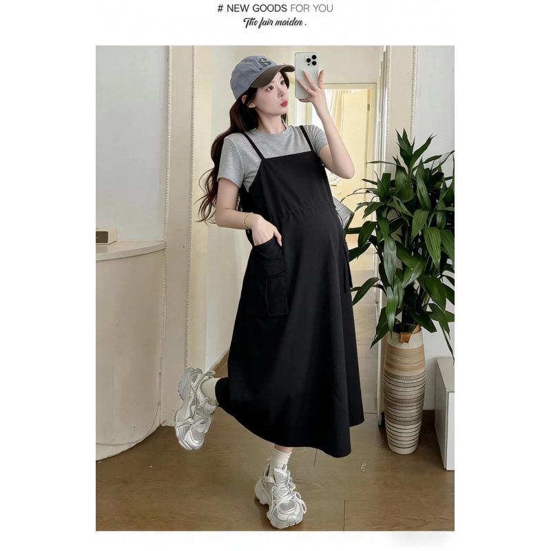 Maternity Summer Set: Waist-Cinching Vest Dress + Round Neck Short-Sleeved Top XL