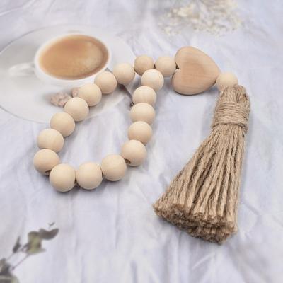 Tassel Beaded Woven Pendant Heart Knot Log Color Wall Hanging Hemp Rope Home Decoration Garland Rustic Wood Bead