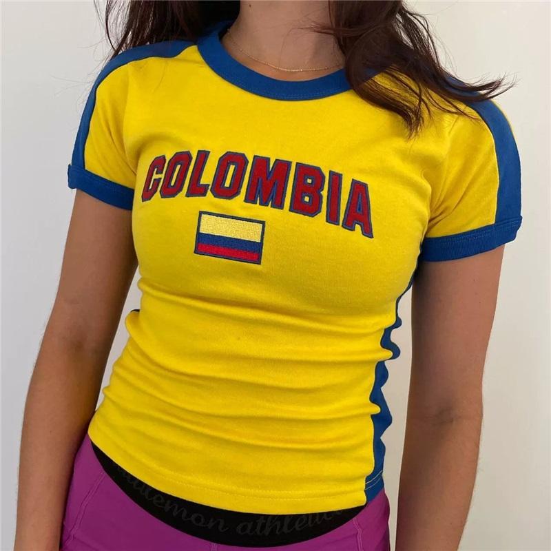 

Летняя бразильская вышивка алфавита короткая женская футболка Y2K открытый пупок модный тренд уличный топ женская одежда M темно-желтого