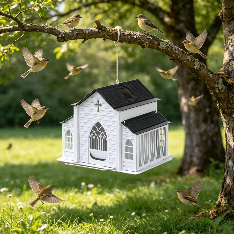 Church Shape Metal Solar Bird Feeders with Light Outdoor Hanging Church Birds Feeders Large Capacity Decorative