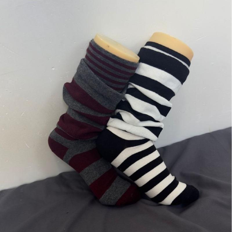 Two Pieces of Pure Cotton Double-layer Flared False Mid-calf Socks with A High-end Feel, Women's Three-dimensional Striped Stylish Long Socks