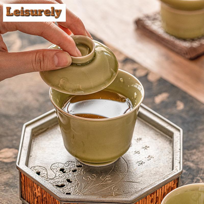 100ml Αισθητικό Κεραμικό Φούρνος Yaozhou Celadon Gaiwan Ρετρό Χρώμα Πράσινο Τσαγιού Ercai Τσαγιέρα με Κάλυμμα Μπολ Ποτό Διακοσμητικά Δώρα