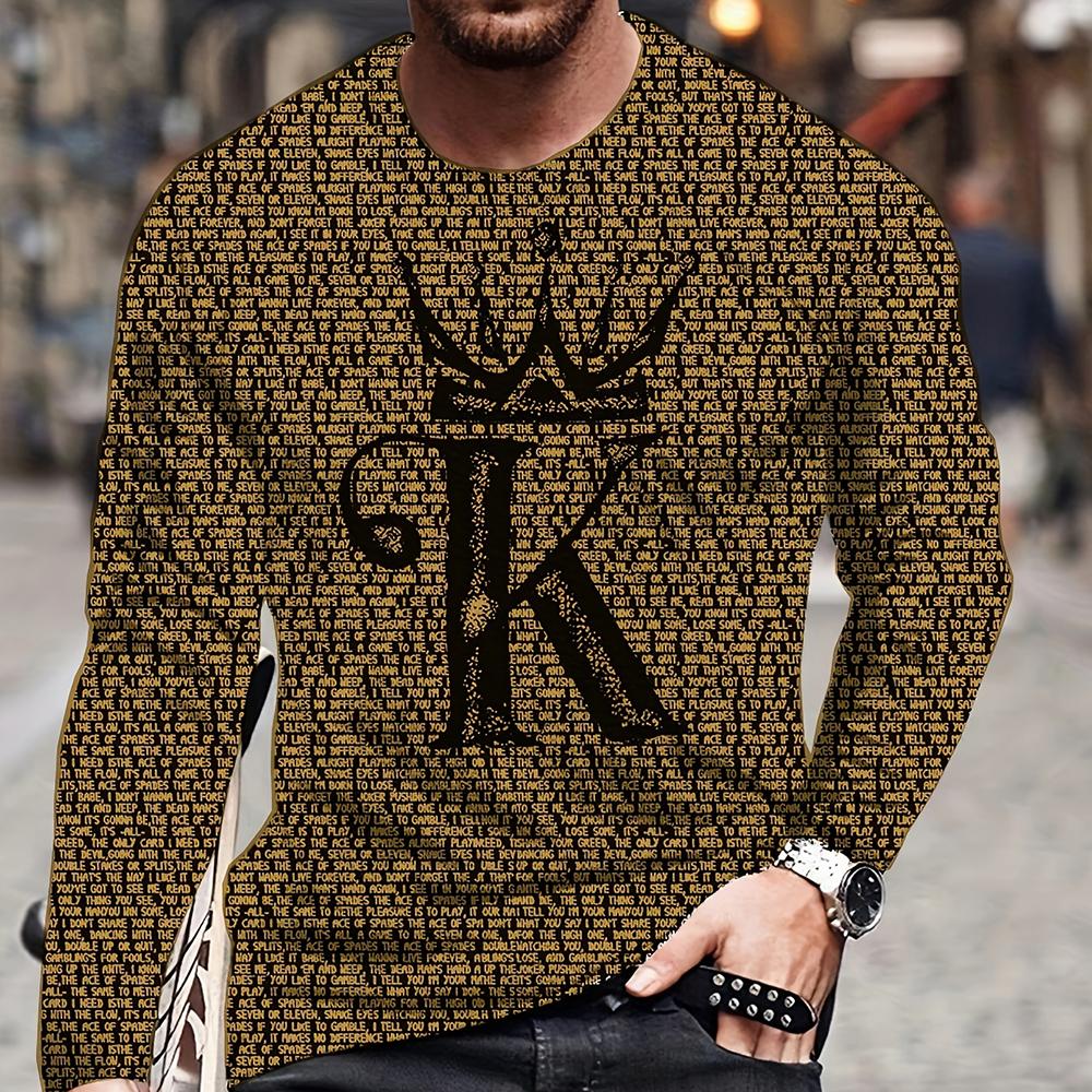 Summer Men's T-Shirt Big Size Loose Retro Short Sleeve Fashion American Poker Letter Print O Neck Long Sleeve Autumn Shirt