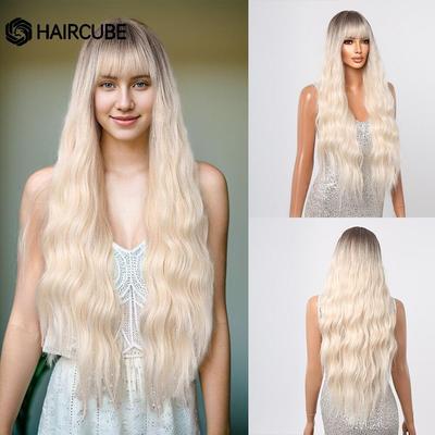 Pelucas sintéticas onduladas largas HAIRCUBE Pelucas rubias claras Ombre para mujeres con flequillo Peluca de fibra resistente al calor de uso diario